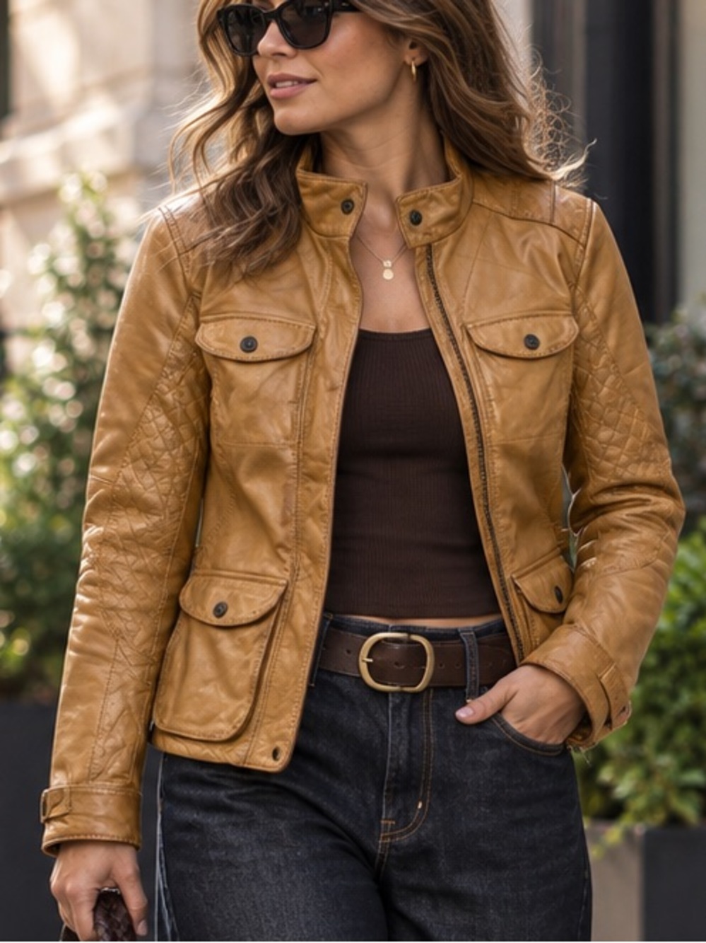 Eddie Bauer Women's Cognac Tan Quilted Utility Moto Leather Jacket L